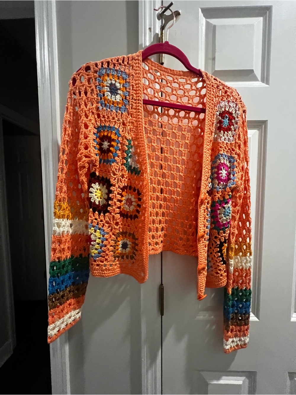 Hand-Crocheted Orange Openwork Cardigan Sweater